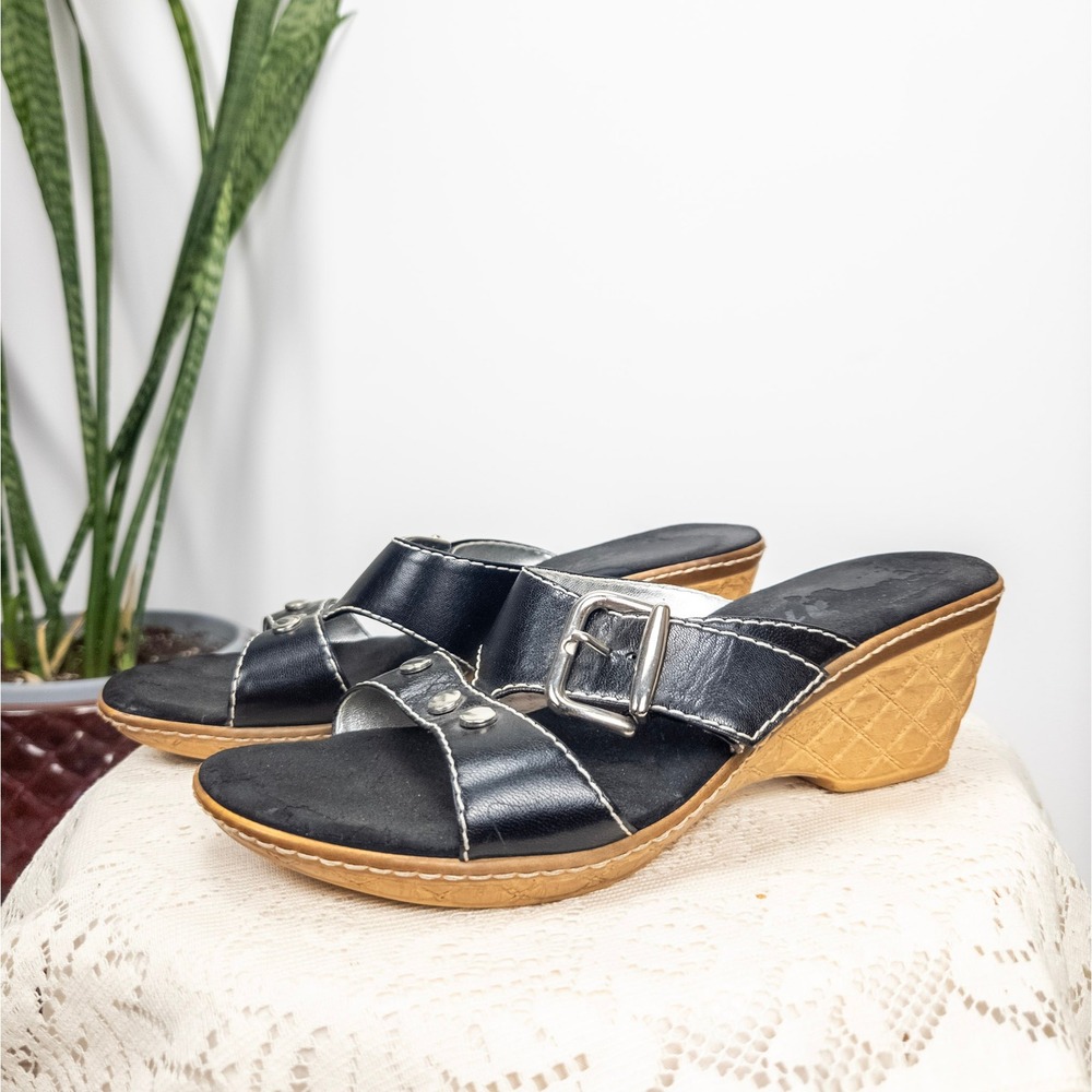 Y2K Black Wedge Mules Sandals Studded Buckle Slip On Platform Onex‎ 2000s Size 9